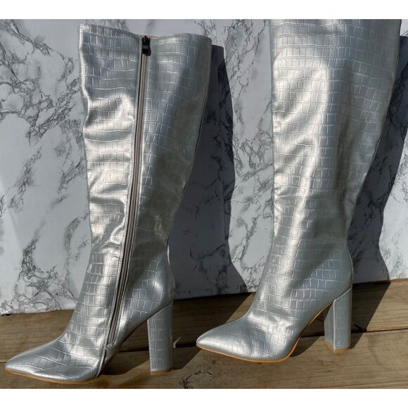 Silver Croc-Embossed Knee-High Boots With Block Heel & Side Zipper Closure size - Picture 4 of 10
